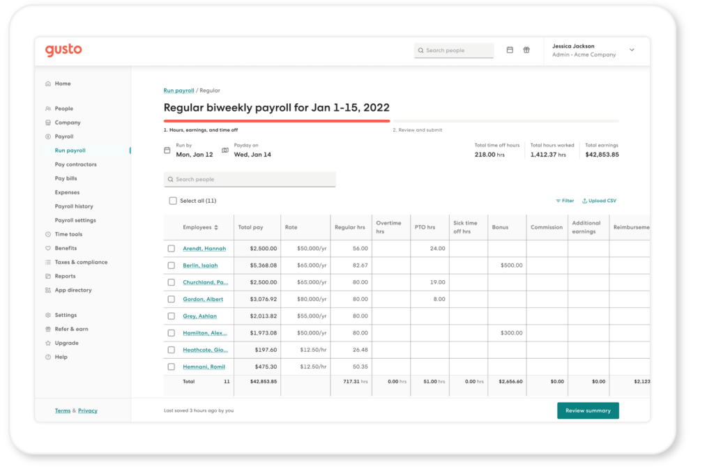 Gusto payroll dashboard showing a regular biweekly payroll run with an employee earnings table.
