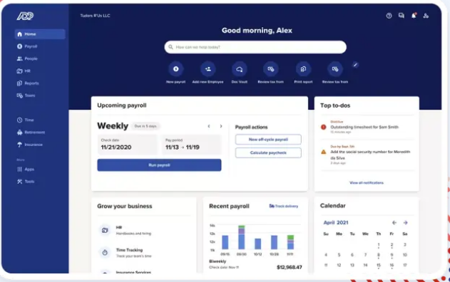ADP payroll dashboard greeting Alex with upcoming payroll, payroll actions, a to-do list and a calendar.