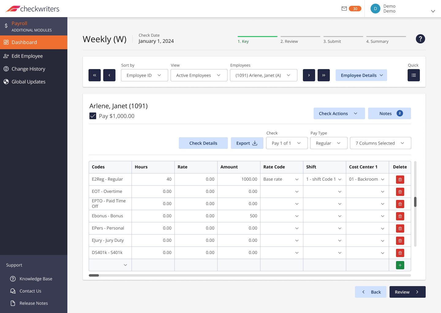 Checkwriters weekly payroll check-entry screen with an earnings-code grid for employee Janet Arlene.