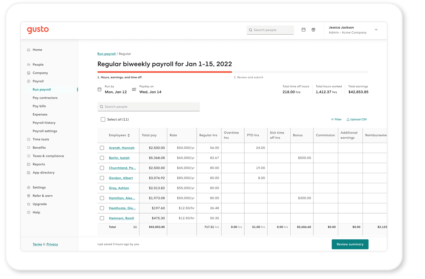 Gusto run-payroll screen showing a regular biweekly payroll with an employee earnings table.