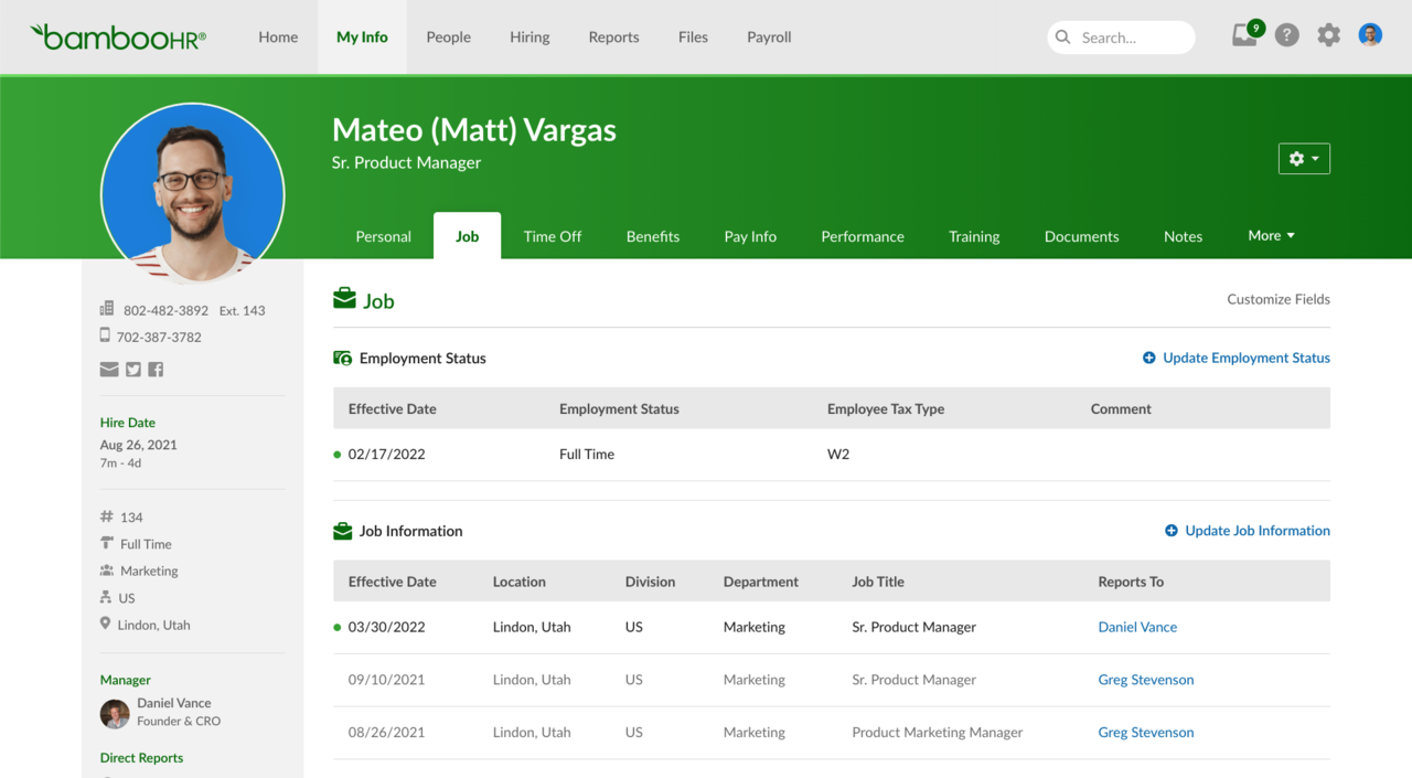 BambooHR employee profile for Matt Vargas on the Job tab, showing employment status and job information.