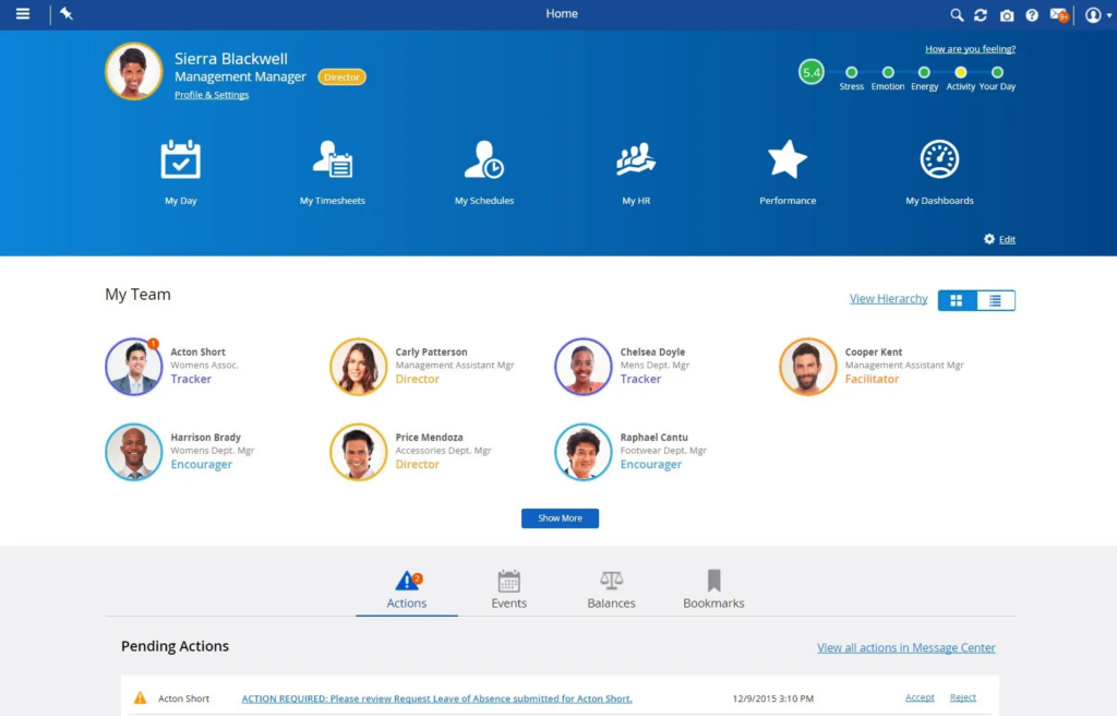 Dayforce Dashboard with Users and Actions at the bottom.
